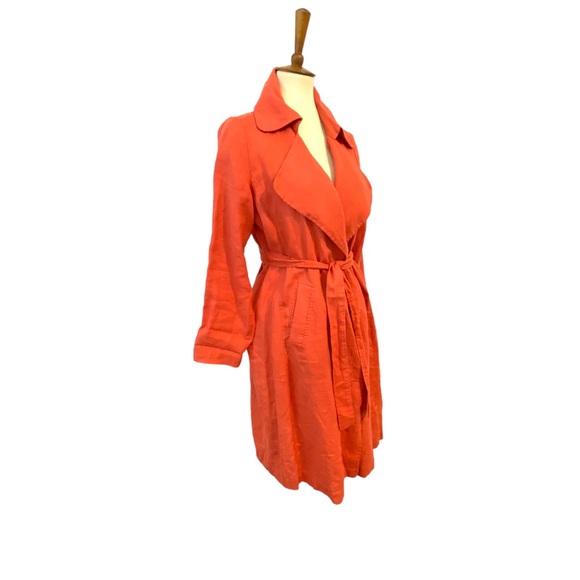 Cynthia Rowley 100% Linen Trench Coat Coral Lightweight Belted Open Frnt Sz S - Picture 3 of 8